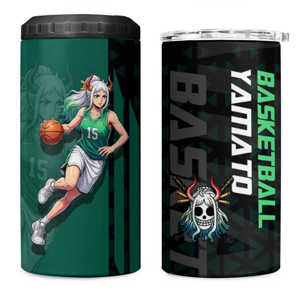 Yamato One Piece Basketball Theme Green and Black Design 4 in 1 Can Cooler Tumbler with Oni Mask Emblem and Dynamic Pose - The Mazicc