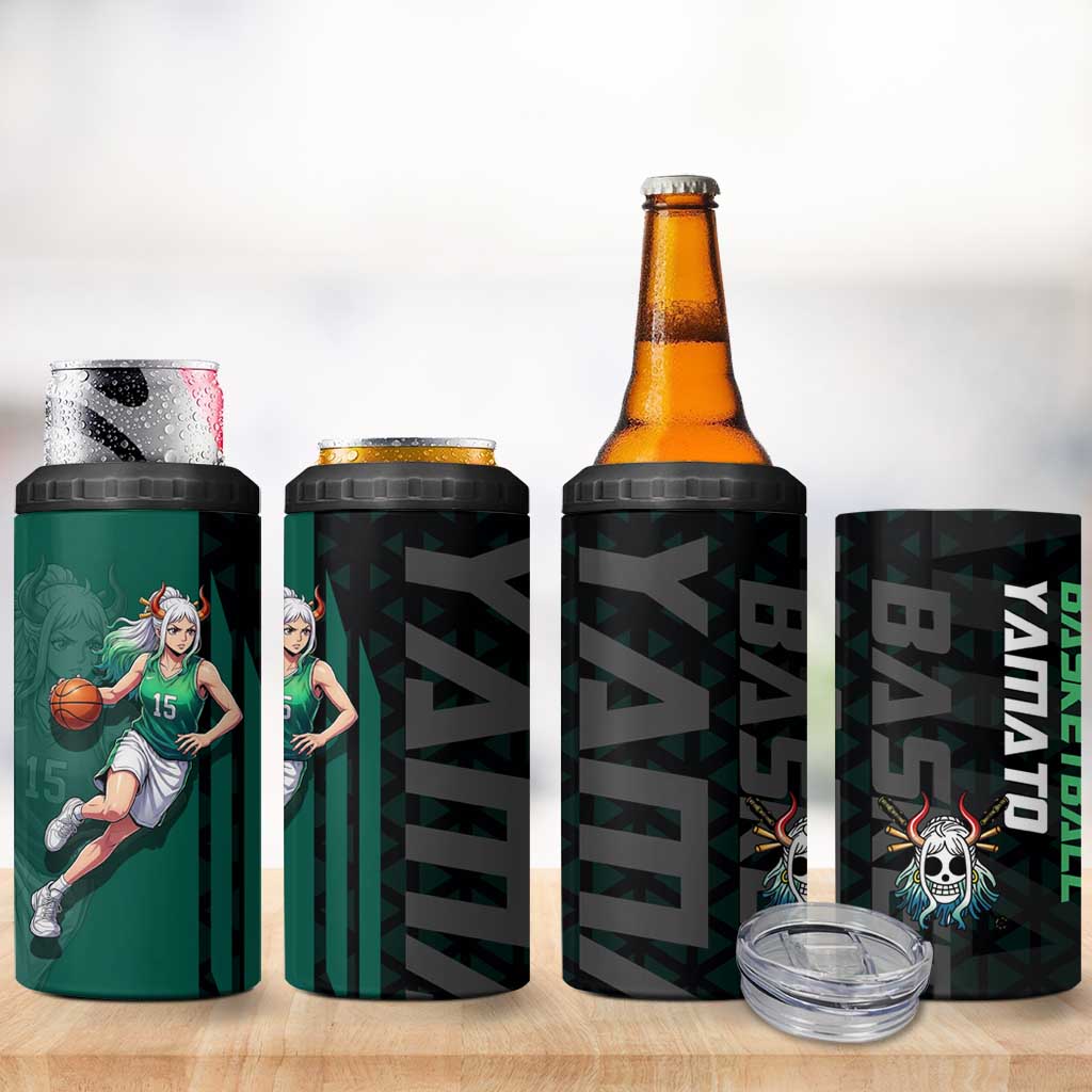 Yamato One Piece Basketball Theme Green and Black Design 4 in 1 Can Cooler Tumbler with Oni Mask Emblem and Dynamic Pose - The Mazicc