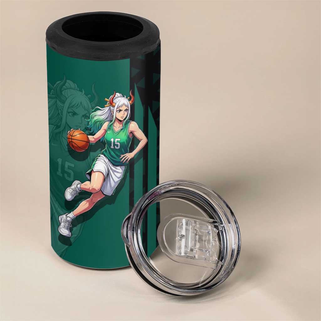Yamato One Piece Basketball Theme Green and Black Design 4 in 1 Can Cooler Tumbler with Oni Mask Emblem and Dynamic Pose - The Mazicc