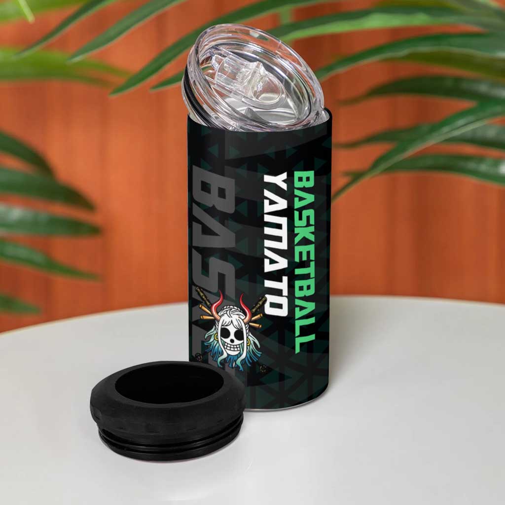 Yamato One Piece Basketball Theme Green and Black Design 4 in 1 Can Cooler Tumbler with Oni Mask Emblem and Dynamic Pose - The Mazicc