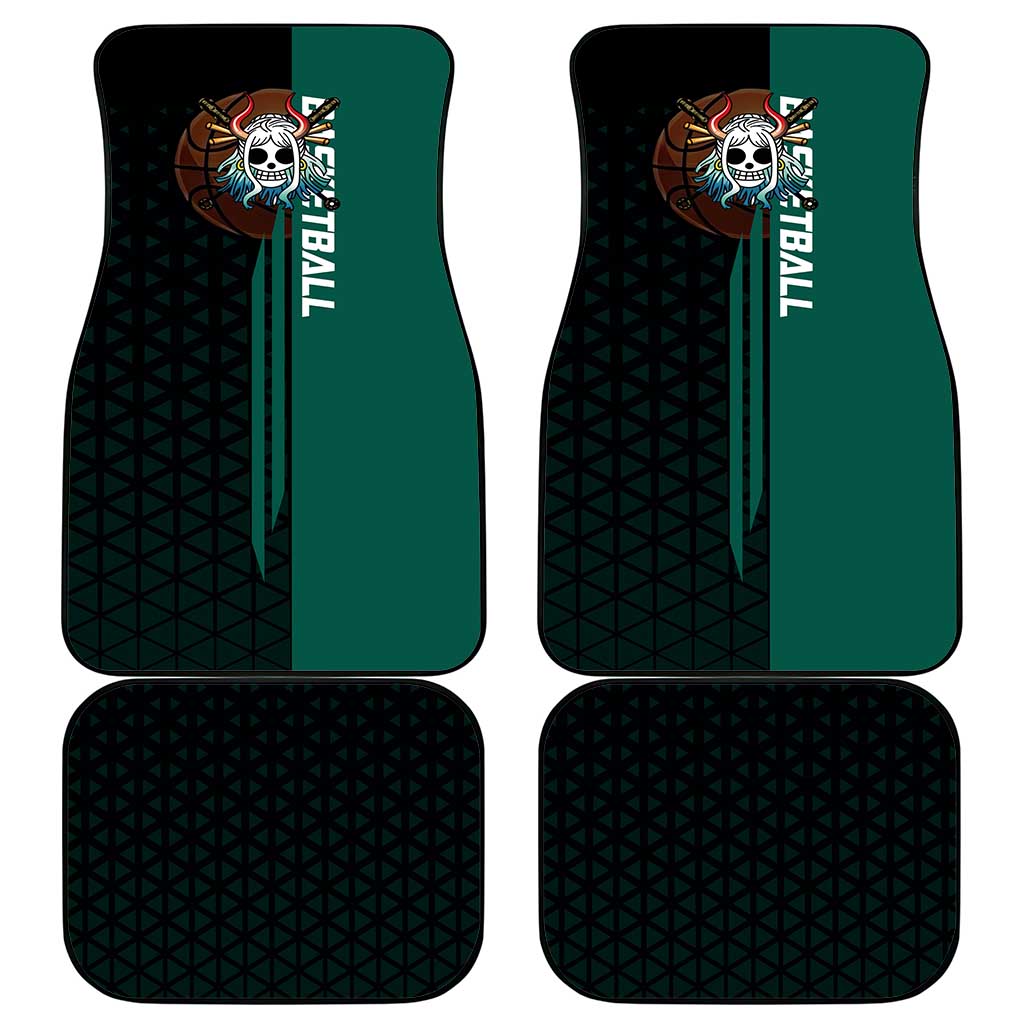Yamato One Piece Basketball Theme Green and Black Design Car Mats with Oni Mask Emblem and Dynamic Pose - The Mazicc