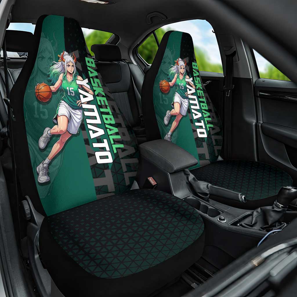 Yamato One Piece Basketball Theme Green and Black Design Car Seat Cover with Oni Mask Emblem and Dynamic Pose - The Mazicc