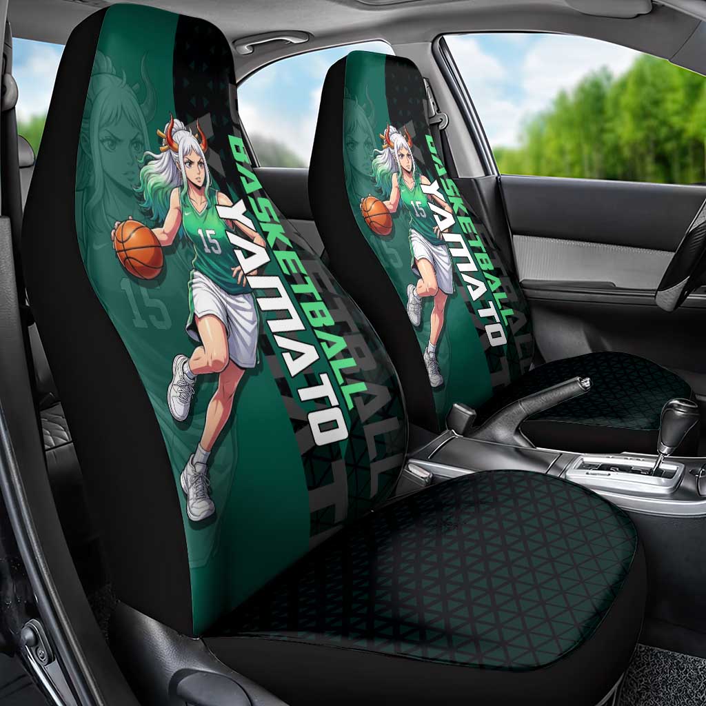 Yamato One Piece Basketball Theme Green and Black Design Car Seat Cover with Oni Mask Emblem and Dynamic Pose - The Mazicc