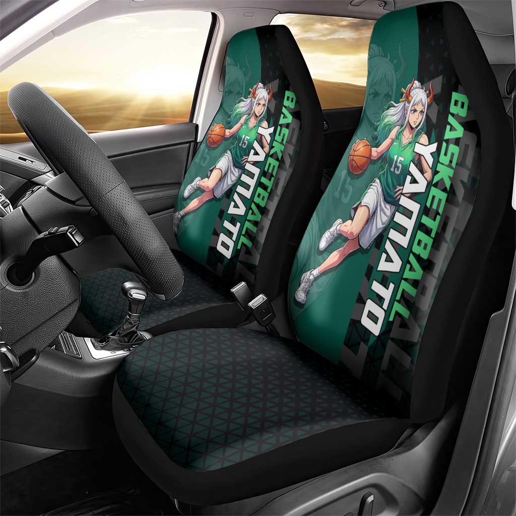 Yamato One Piece Basketball Theme Green and Black Design Car Seat Cover with Oni Mask Emblem and Dynamic Pose - The Mazicc