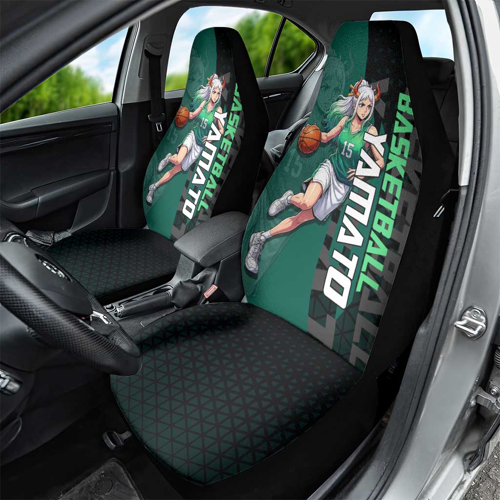 Yamato One Piece Basketball Theme Green and Black Design Car Seat Cover with Oni Mask Emblem and Dynamic Pose - The Mazicc