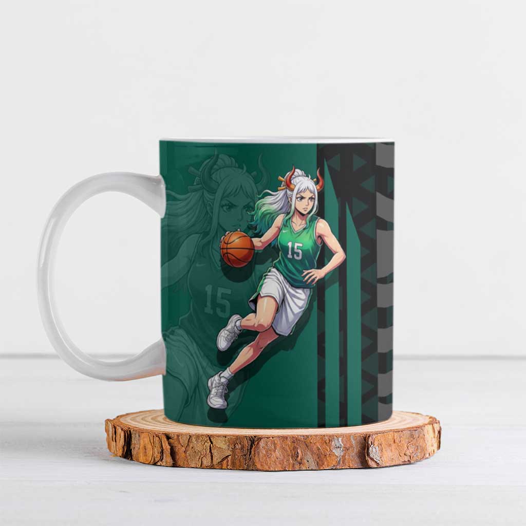 Yamato One Piece Basketball Theme Green and Black Design Ceramic Mug with Oni Mask Emblem and Dynamic Pose - The Mazicc