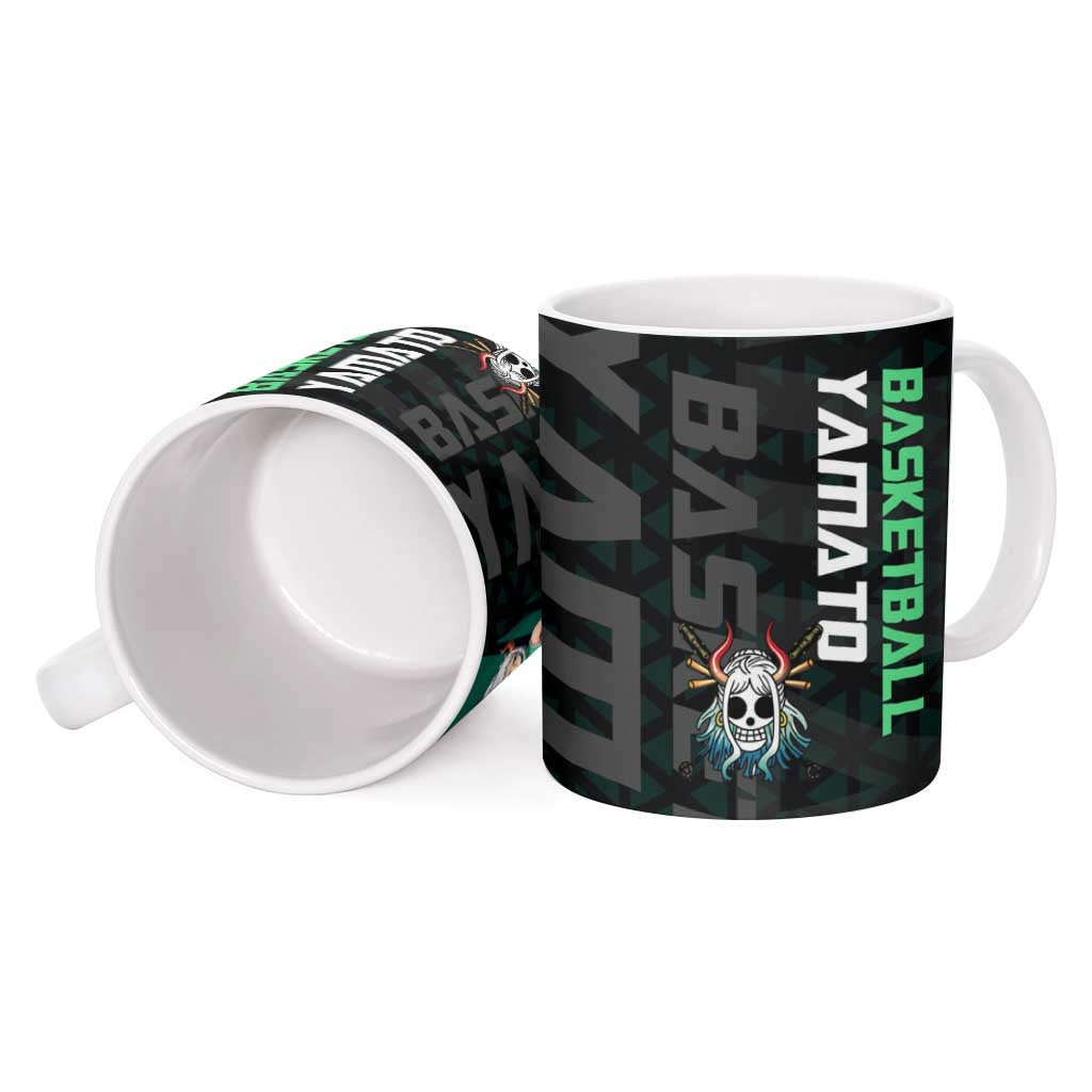 Yamato One Piece Basketball Theme Green and Black Design Ceramic Mug with Oni Mask Emblem and Dynamic Pose - The Mazicc