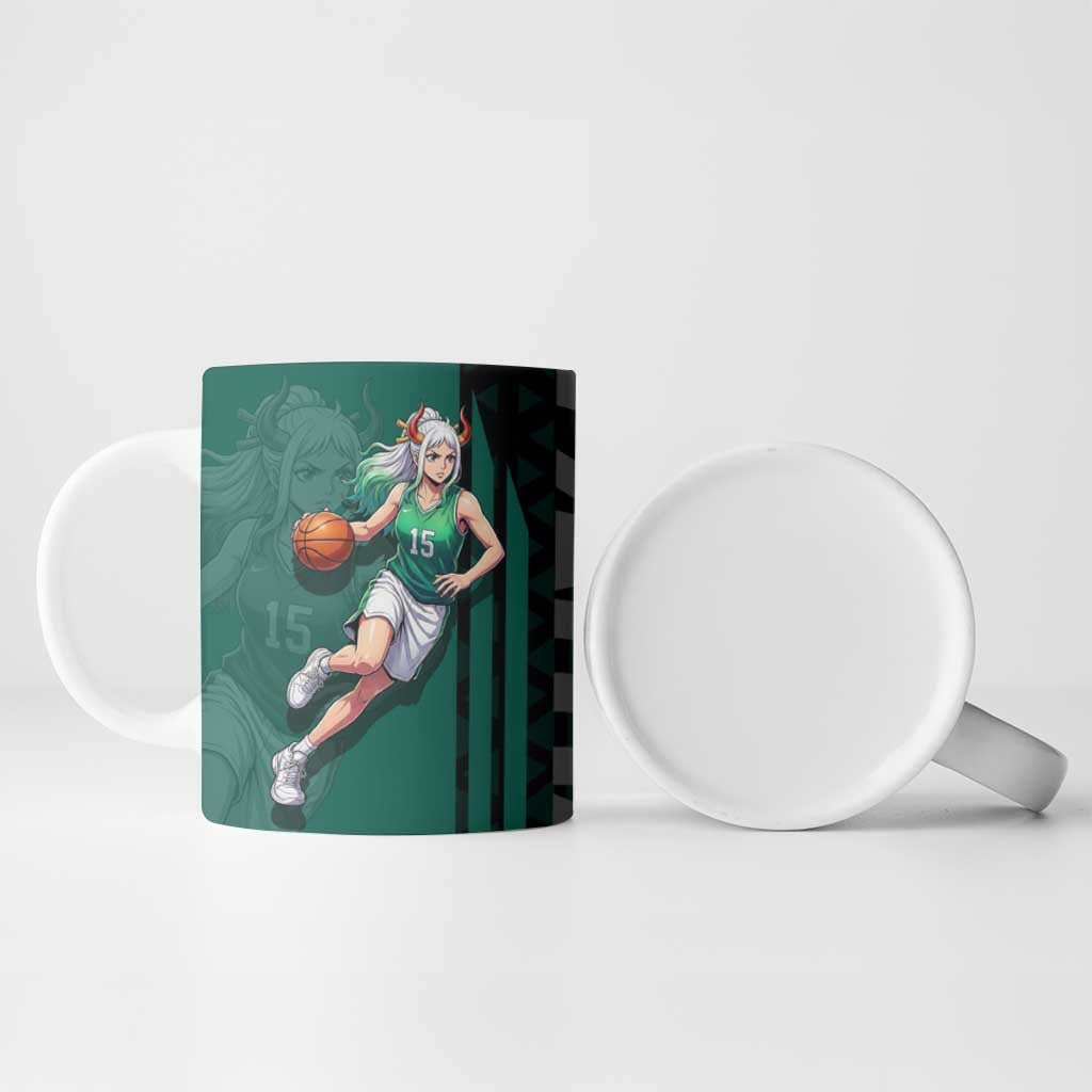 Yamato One Piece Basketball Theme Green and Black Design Ceramic Mug with Oni Mask Emblem and Dynamic Pose - The Mazicc