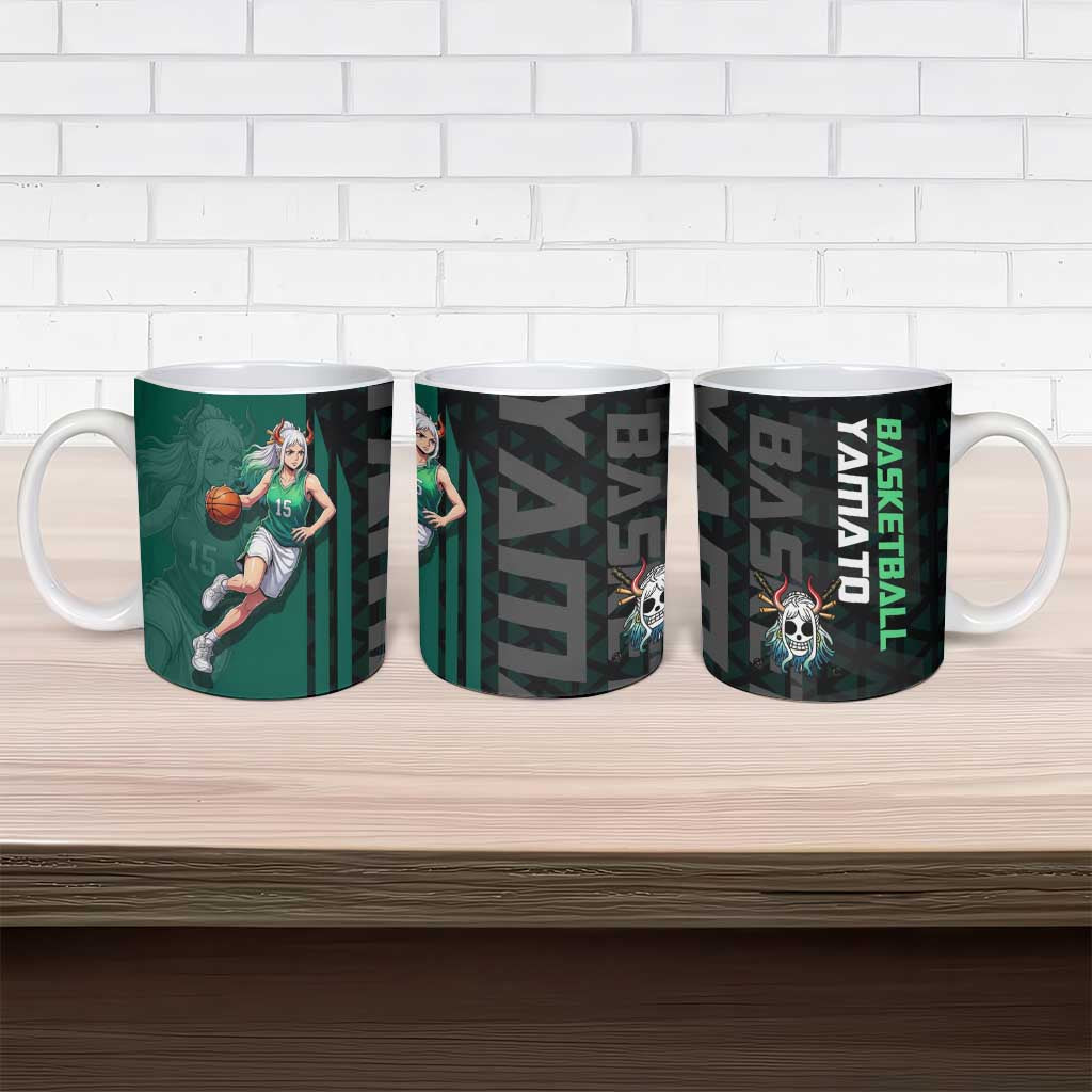 Yamato One Piece Basketball Theme Green and Black Design Ceramic Mug with Oni Mask Emblem and Dynamic Pose - The Mazicc
