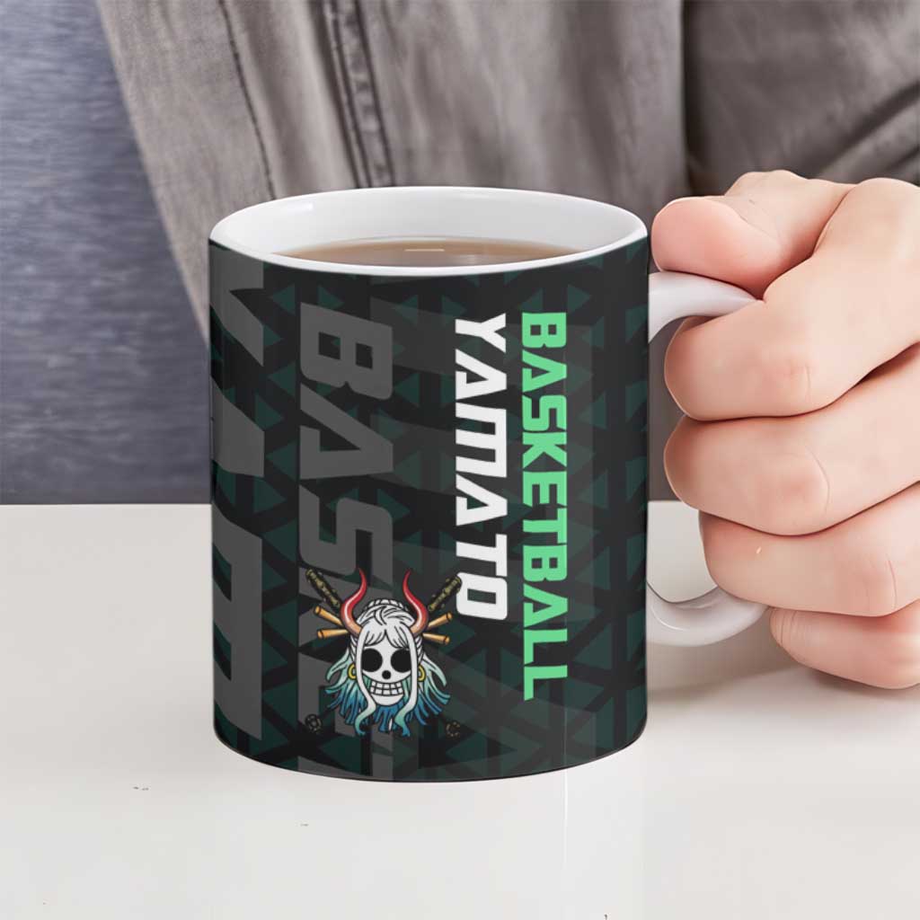 Yamato One Piece Basketball Theme Green and Black Design Ceramic Mug with Oni Mask Emblem and Dynamic Pose - The Mazicc