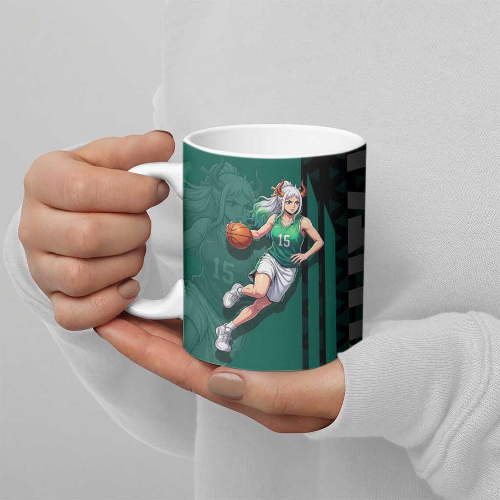 Yamato One Piece Basketball Theme Green and Black Design Ceramic Mug with Oni Mask Emblem and Dynamic Pose - The Mazicc