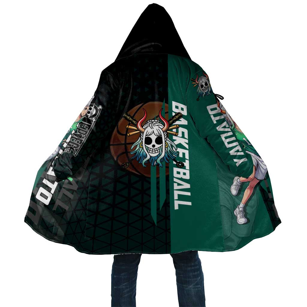 Yamato One Piece Basketball Theme Green and Black Design Cloak with Oni Mask Emblem and Dynamic Pose - The Mazicc