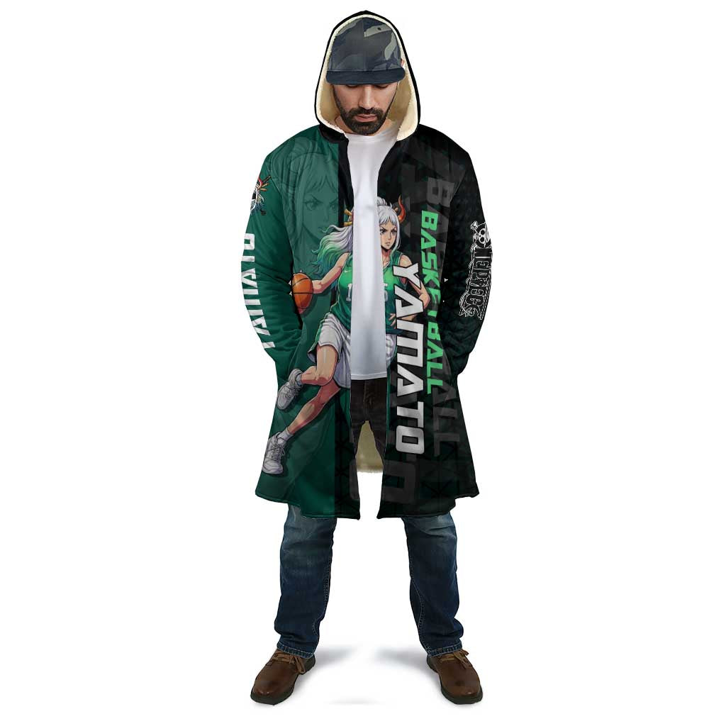 Yamato One Piece Basketball Theme Green and Black Design Cloak with Oni Mask Emblem and Dynamic Pose - The Mazicc