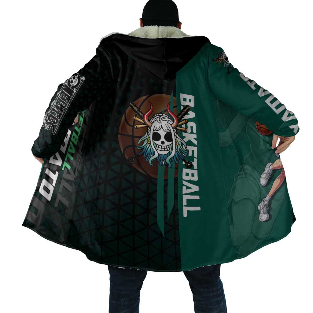 Yamato One Piece Basketball Theme Green and Black Design Cloak with Oni Mask Emblem and Dynamic Pose - The Mazicc