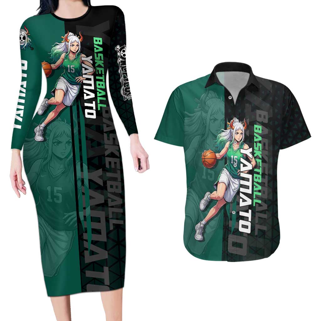 Yamato One Piece Basketball Theme Green and Black Design Couples Matching Long Sleeve Bodycon Dress and Hawaiian Shirt with Oni Mask Emblem and Dynamic Pose - The Mazicc