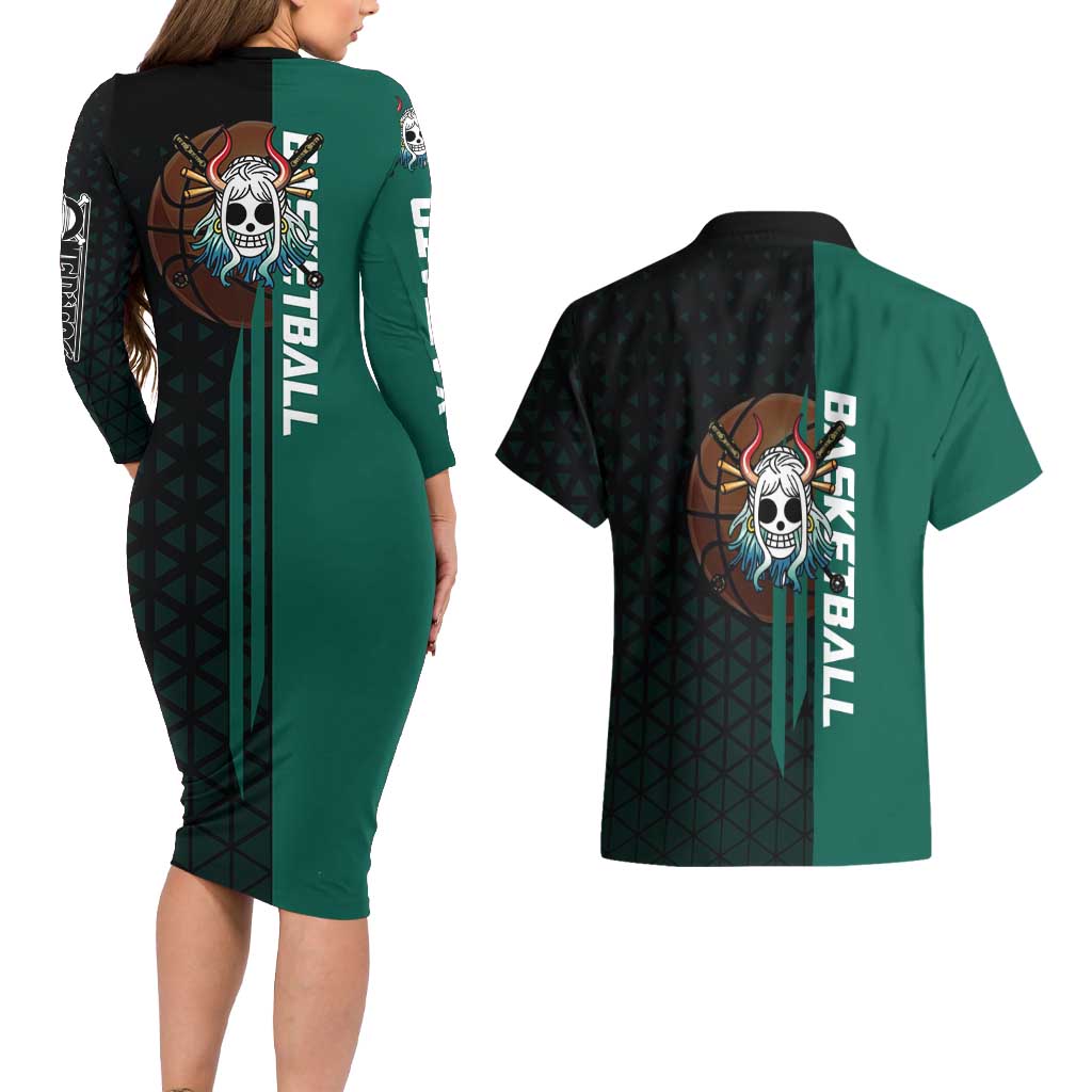Yamato One Piece Basketball Theme Green and Black Design Couples Matching Long Sleeve Bodycon Dress and Hawaiian Shirt with Oni Mask Emblem and Dynamic Pose - The Mazicc