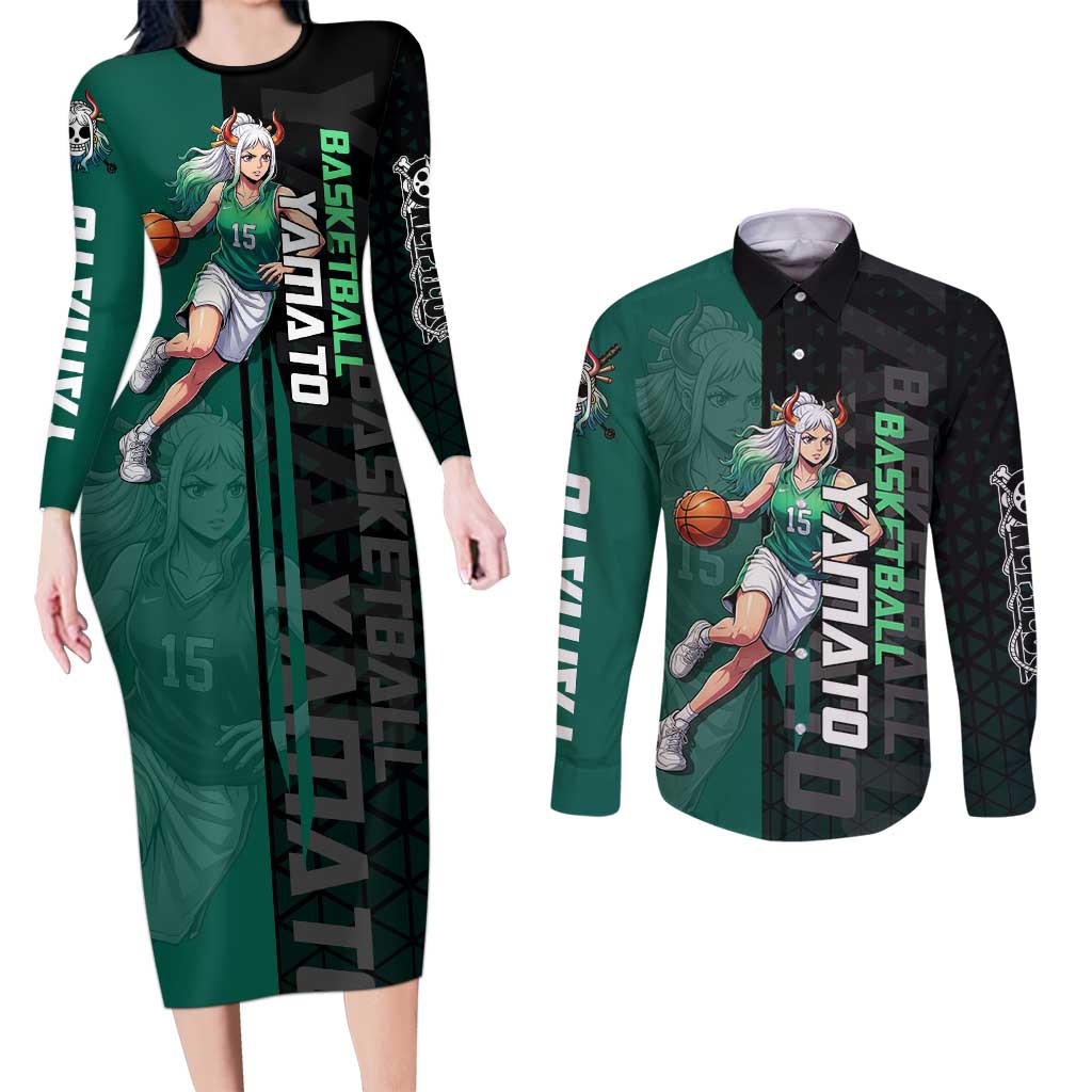 Yamato One Piece Basketball Theme Green and Black Design Couples Matching Long Sleeve Bodycon Dress and Long Sleeve Button Shirt with Oni Mask Emblem and Dynamic Pose - The Mazicc