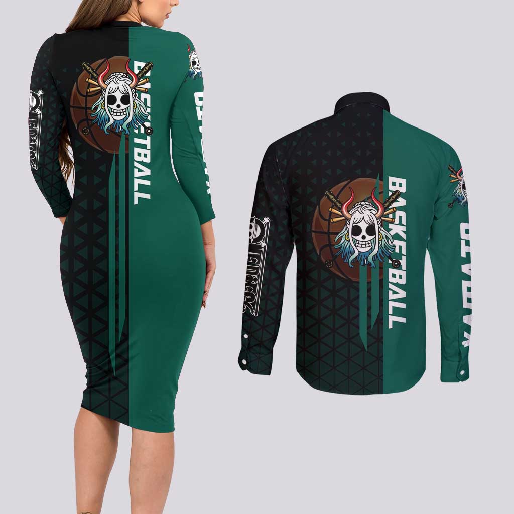 Yamato One Piece Basketball Theme Green and Black Design Couples Matching Long Sleeve Bodycon Dress and Long Sleeve Button Shirt with Oni Mask Emblem and Dynamic Pose - The Mazicc