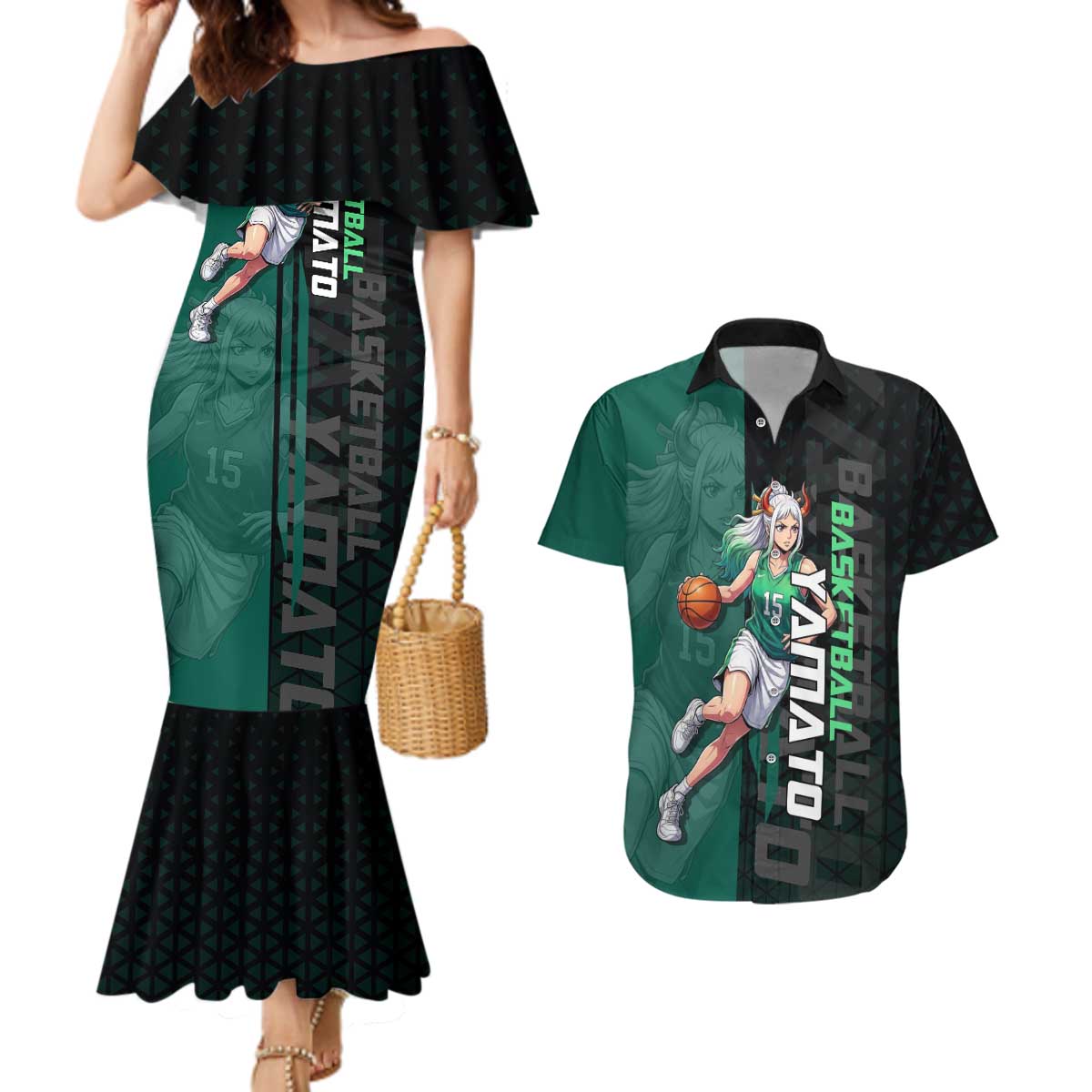 Yamato One Piece Basketball Theme Green and Black Design Couples Matching Mermaid Dress and Hawaiian Shirt with Oni Mask Emblem and Dynamic Pose - The Mazicc