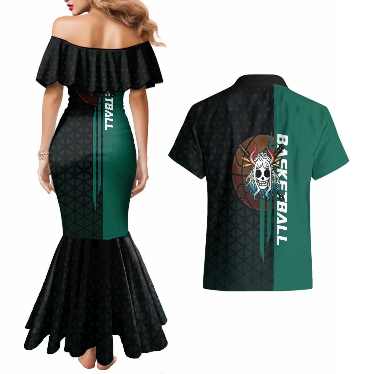 Yamato One Piece Basketball Theme Green and Black Design Couples Matching Mermaid Dress and Hawaiian Shirt with Oni Mask Emblem and Dynamic Pose - The Mazicc