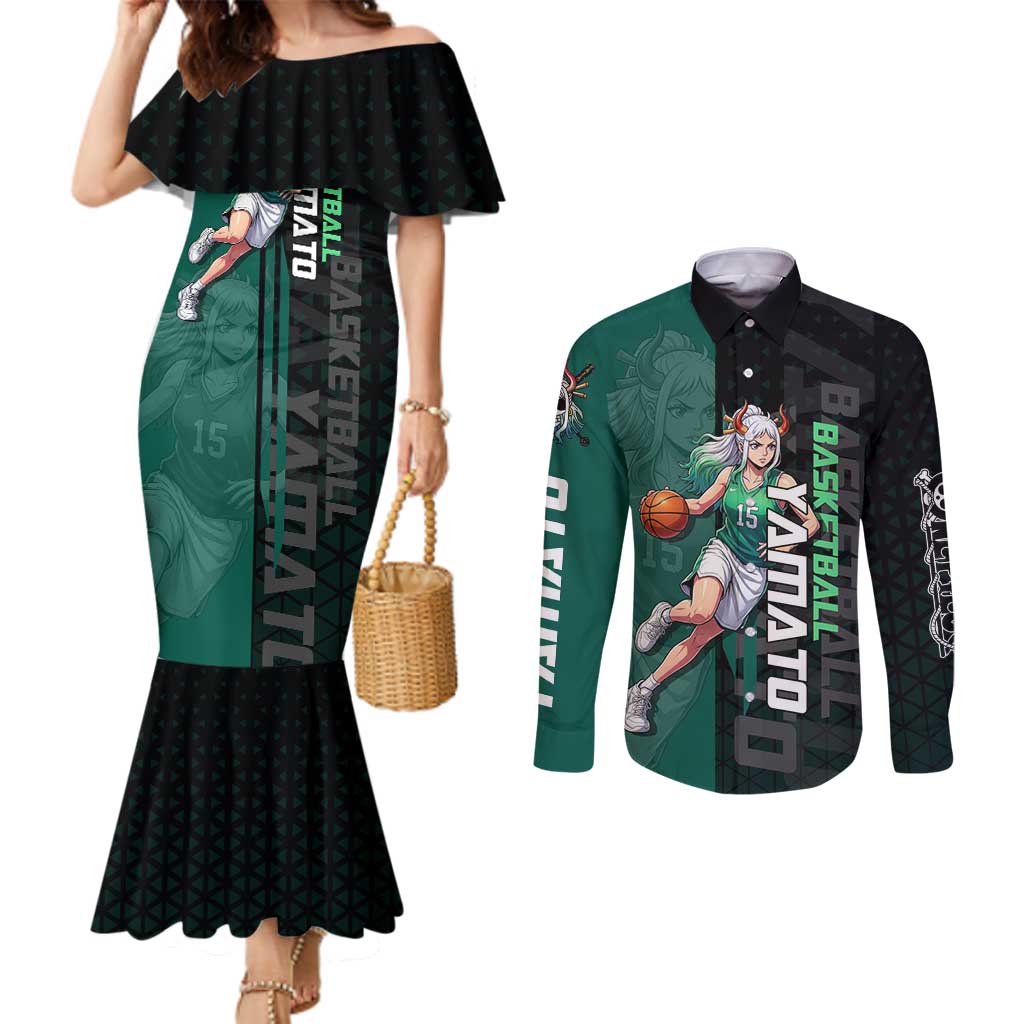 Yamato One Piece Basketball Theme Green and Black Design Couples Matching Mermaid Dress and Long Sleeve Button Shirt with Oni Mask Emblem and Dynamic Pose - The Mazicc