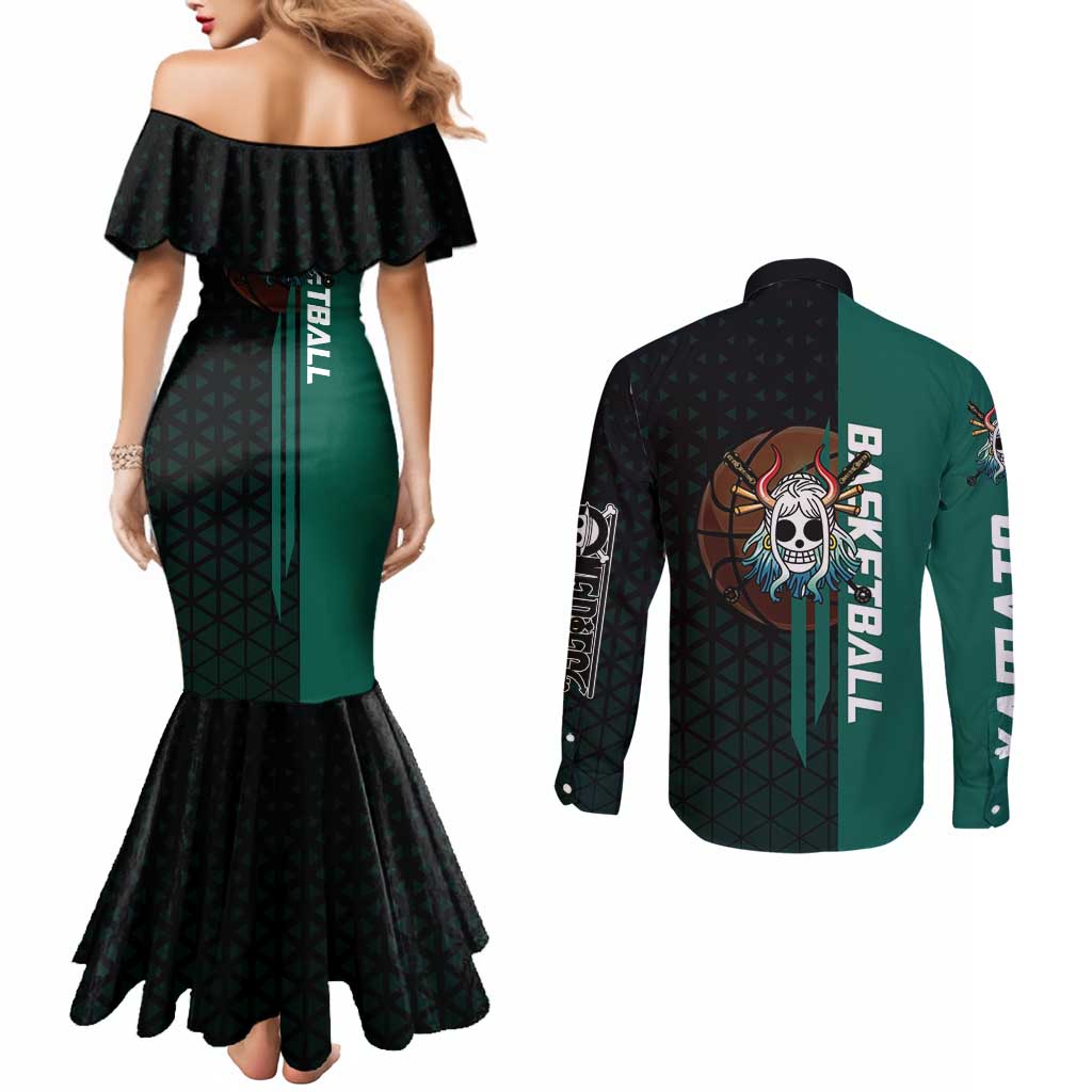 Yamato One Piece Basketball Theme Green and Black Design Couples Matching Mermaid Dress and Long Sleeve Button Shirt with Oni Mask Emblem and Dynamic Pose - The Mazicc
