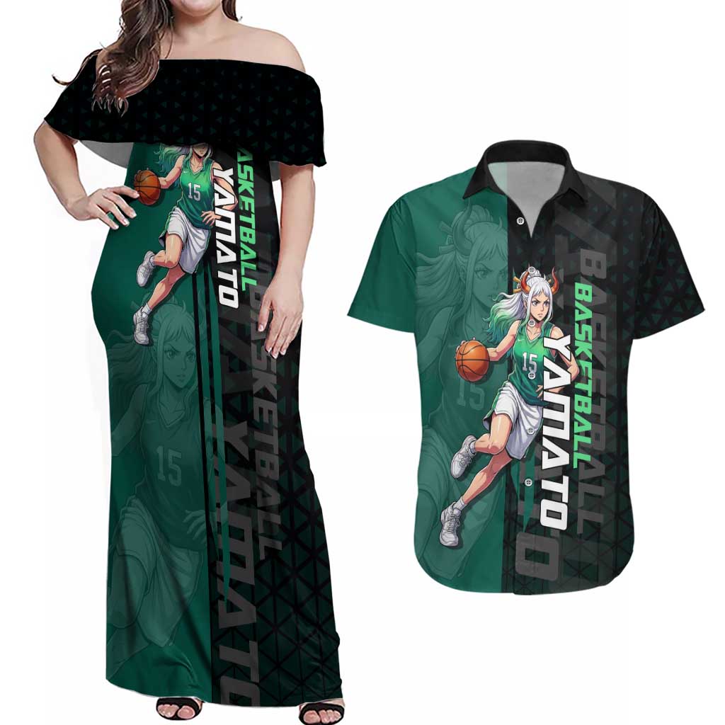 Yamato One Piece Basketball Theme Green and Black Design Couples Matching Off Shoulder Maxi Dress and Hawaiian Shirt with Oni Mask Emblem and Dynamic Pose - The Mazicc