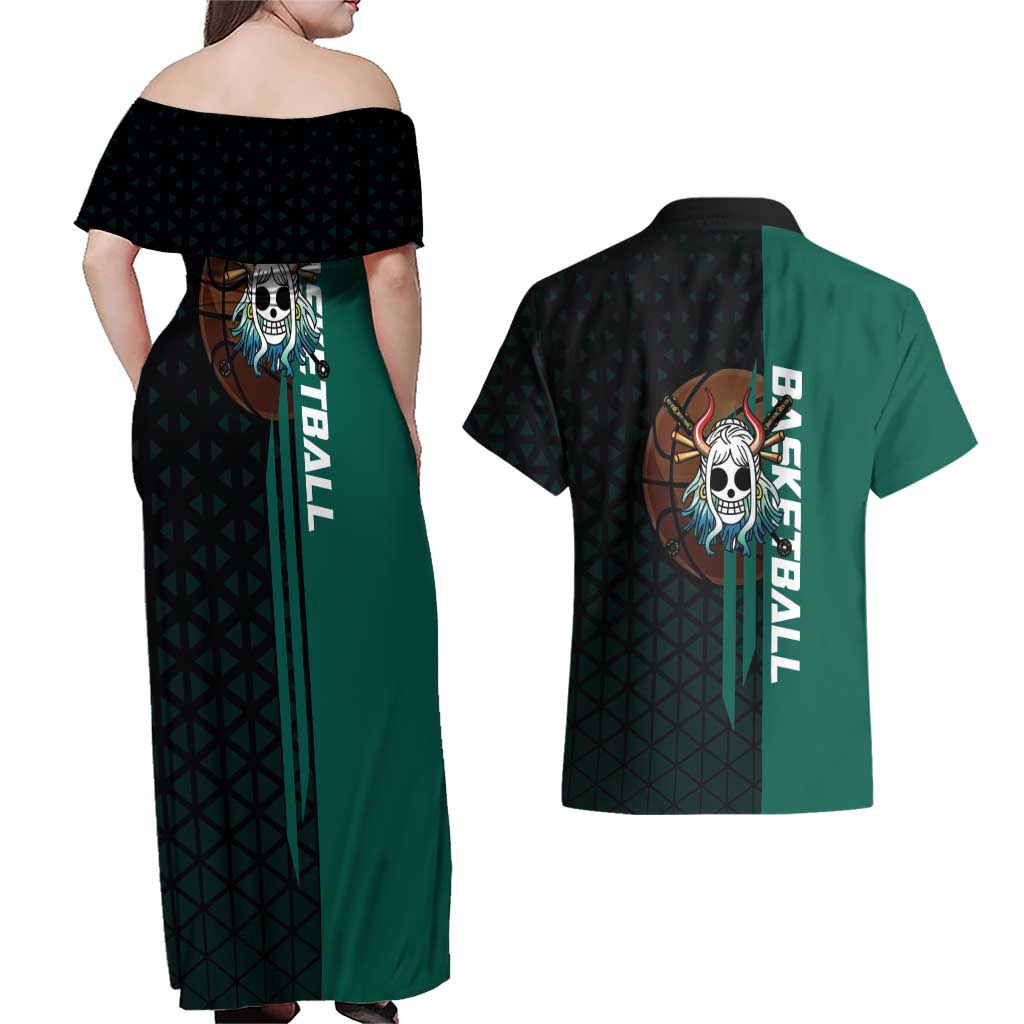 Yamato One Piece Basketball Theme Green and Black Design Couples Matching Off Shoulder Maxi Dress and Hawaiian Shirt with Oni Mask Emblem and Dynamic Pose - The Mazicc