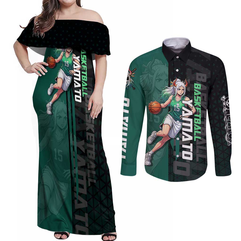 Yamato One Piece Basketball Theme Green and Black Design Couples Matching Off Shoulder Maxi Dress and Long Sleeve Button Shirt with Oni Mask Emblem and Dynamic Pose - The Mazicc