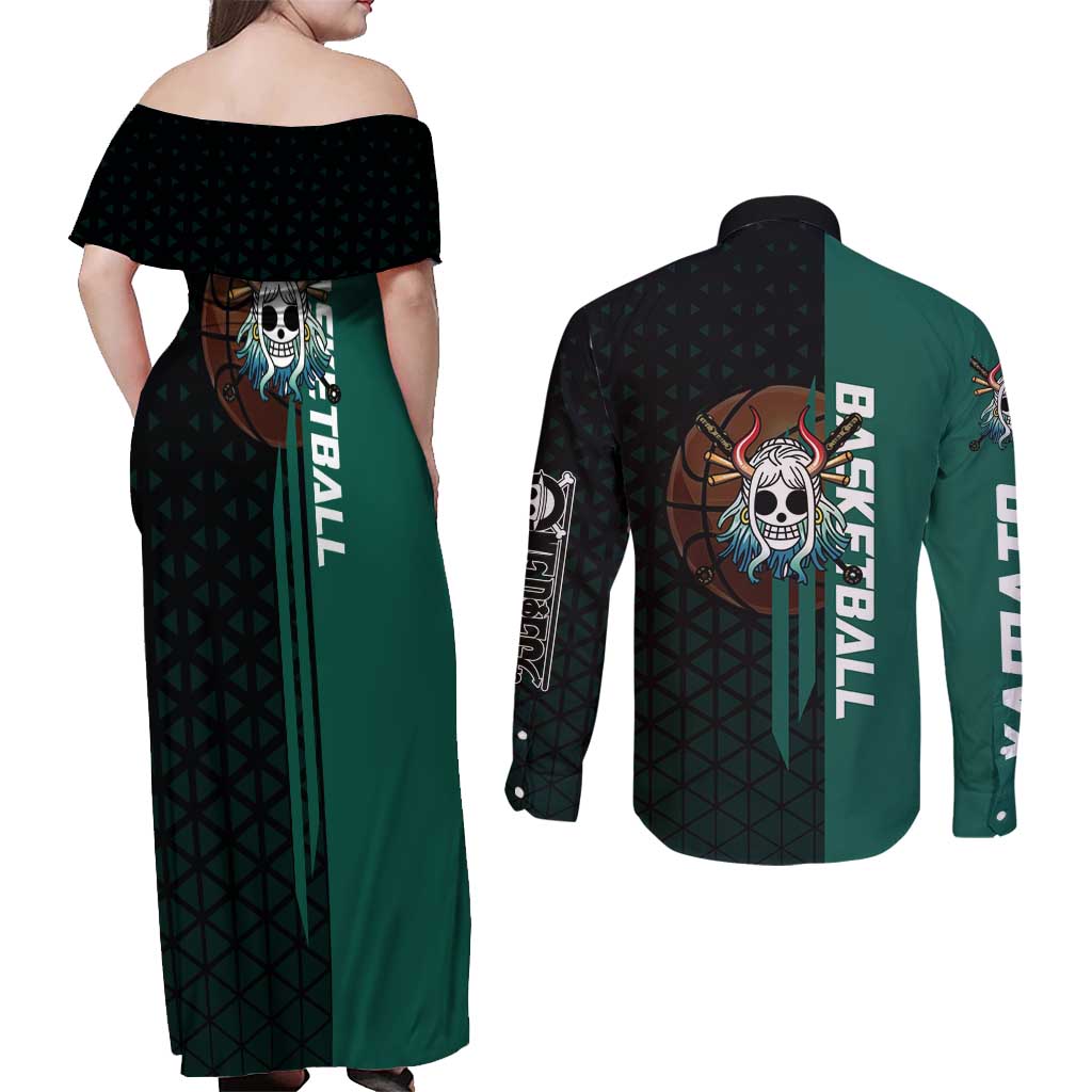 Yamato One Piece Basketball Theme Green and Black Design Couples Matching Off Shoulder Maxi Dress and Long Sleeve Button Shirt with Oni Mask Emblem and Dynamic Pose - The Mazicc
