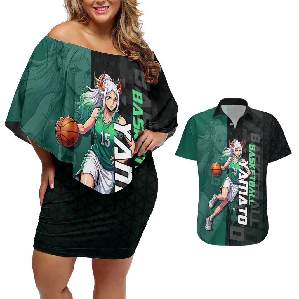 Yamato One Piece Basketball Theme Green and Black Design Couples Matching Off Shoulder Short Dress and Hawaiian Shirt with Oni Mask Emblem and Dynamic Pose - The Mazicc
