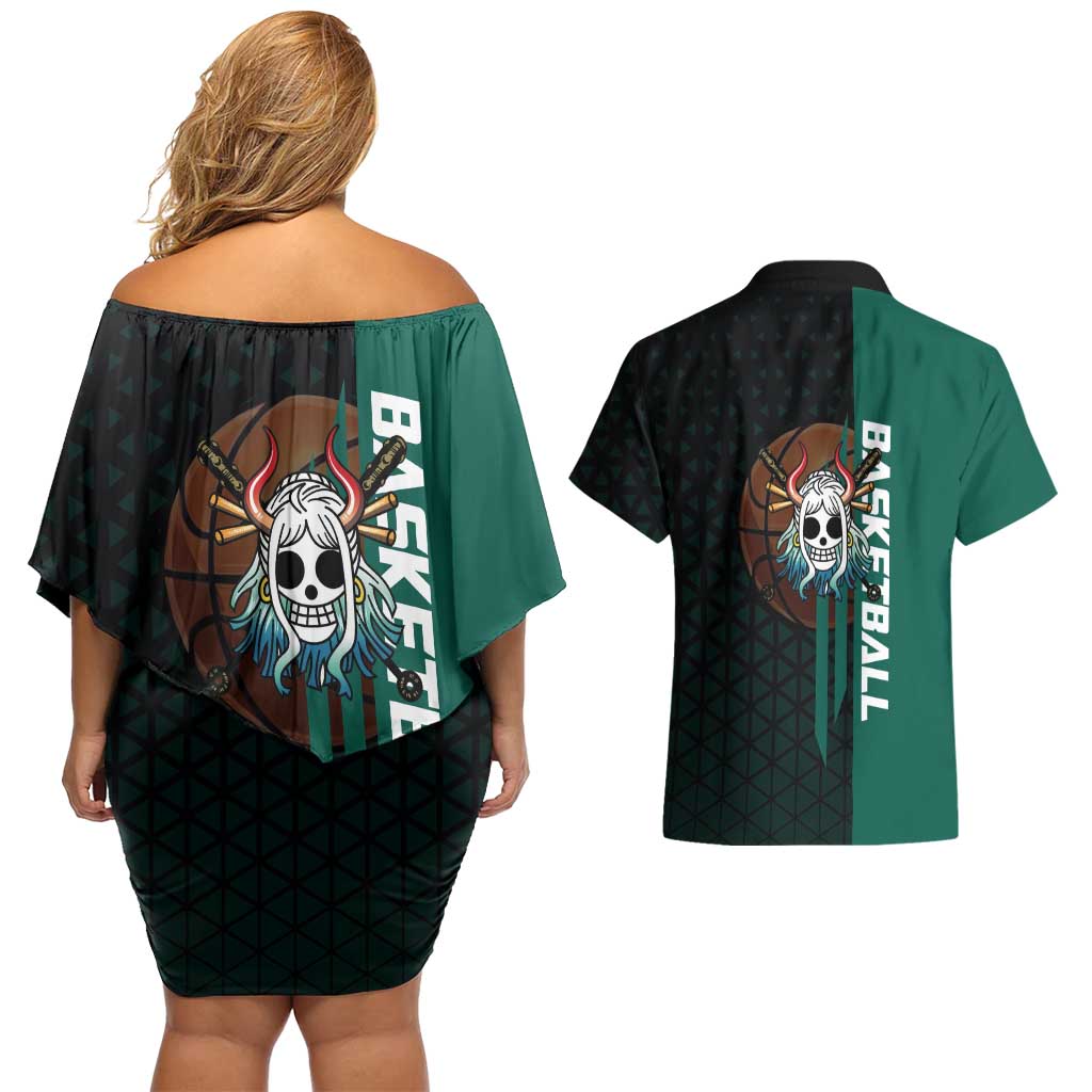 Yamato One Piece Basketball Theme Green and Black Design Couples Matching Off Shoulder Short Dress and Hawaiian Shirt with Oni Mask Emblem and Dynamic Pose - The Mazicc