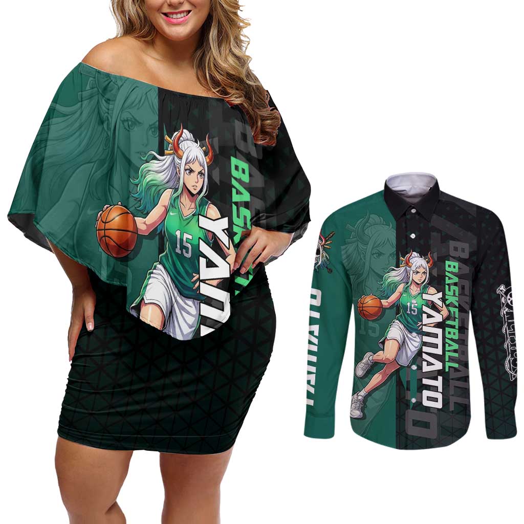 Yamato One Piece Basketball Theme Green and Black Design Couples Matching Off Shoulder Short Dress and Long Sleeve Button Shirt with Oni Mask Emblem and Dynamic Pose - The Mazicc
