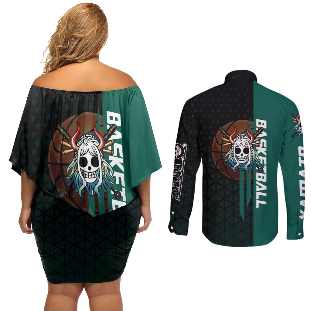 Yamato One Piece Basketball Theme Green and Black Design Couples Matching Off Shoulder Short Dress and Long Sleeve Button Shirt with Oni Mask Emblem and Dynamic Pose - The Mazicc