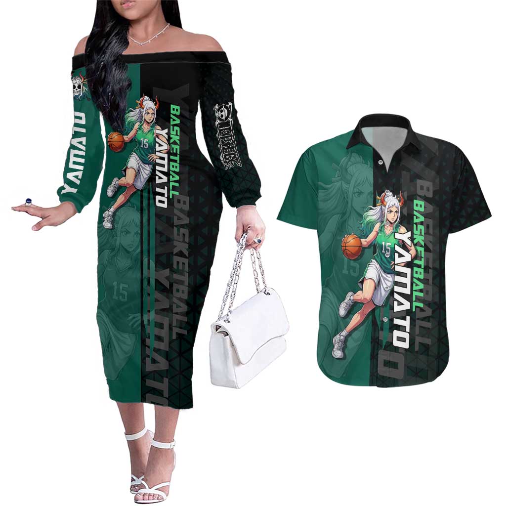Yamato One Piece Basketball Theme Green and Black Design Couples Matching Off The Shoulder Long Sleeve Dress and Hawaiian Shirt with Oni Mask Emblem and Dynamic Pose - The Mazicc