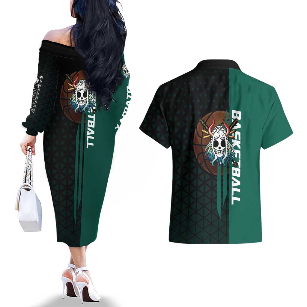 Yamato One Piece Basketball Theme Green and Black Design Couples Matching Off The Shoulder Long Sleeve Dress and Hawaiian Shirt with Oni Mask Emblem and Dynamic Pose - The Mazicc