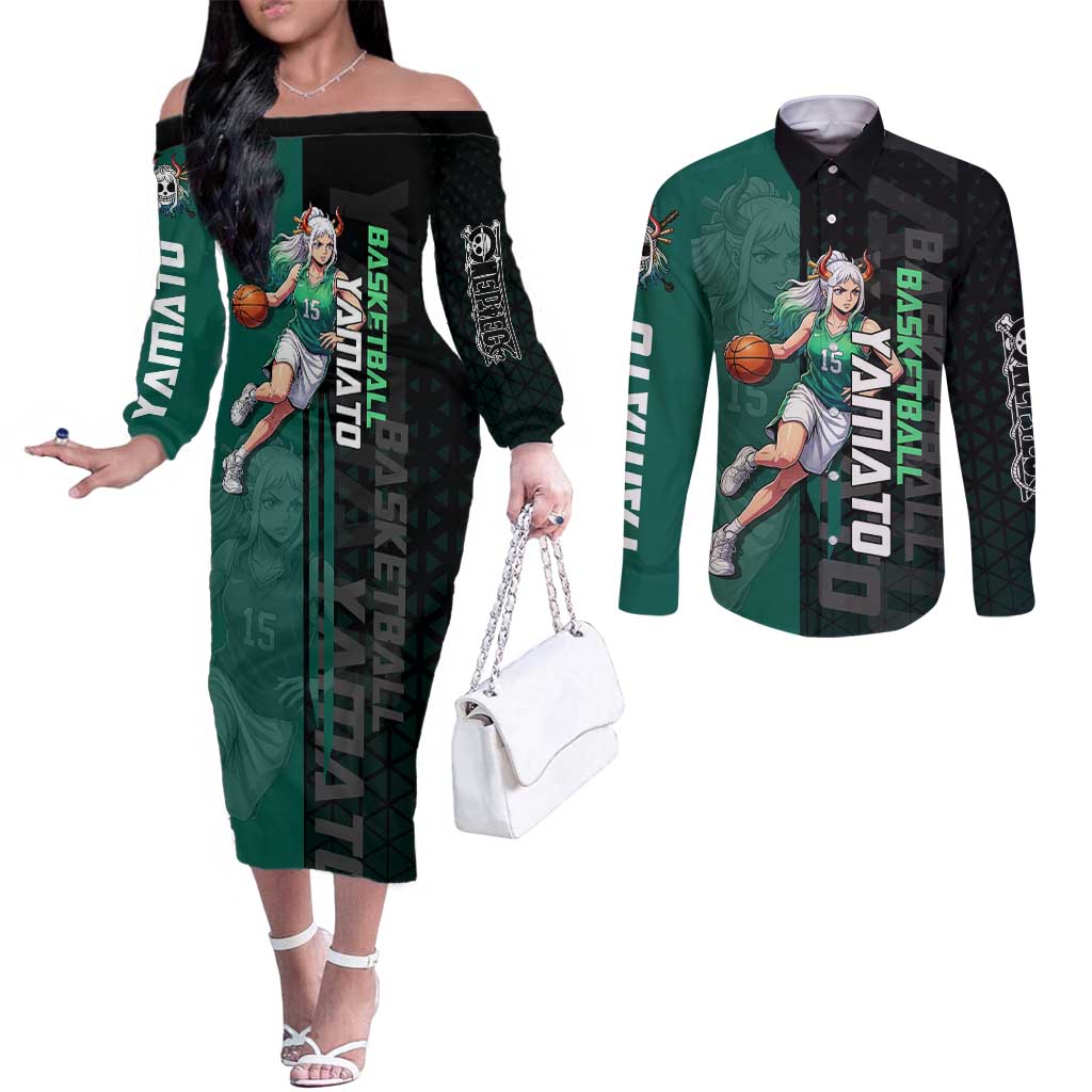 Yamato One Piece Basketball Theme Green and Black Design Couples Matching Off The Shoulder Long Sleeve Dress and Long Sleeve Button Shirt with Oni Mask Emblem and Dynamic Pose - The Mazicc