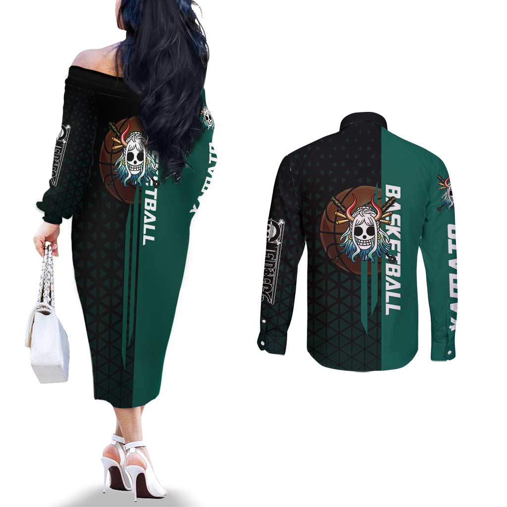 Yamato One Piece Basketball Theme Green and Black Design Couples Matching Off The Shoulder Long Sleeve Dress and Long Sleeve Button Shirt with Oni Mask Emblem and Dynamic Pose - The Mazicc