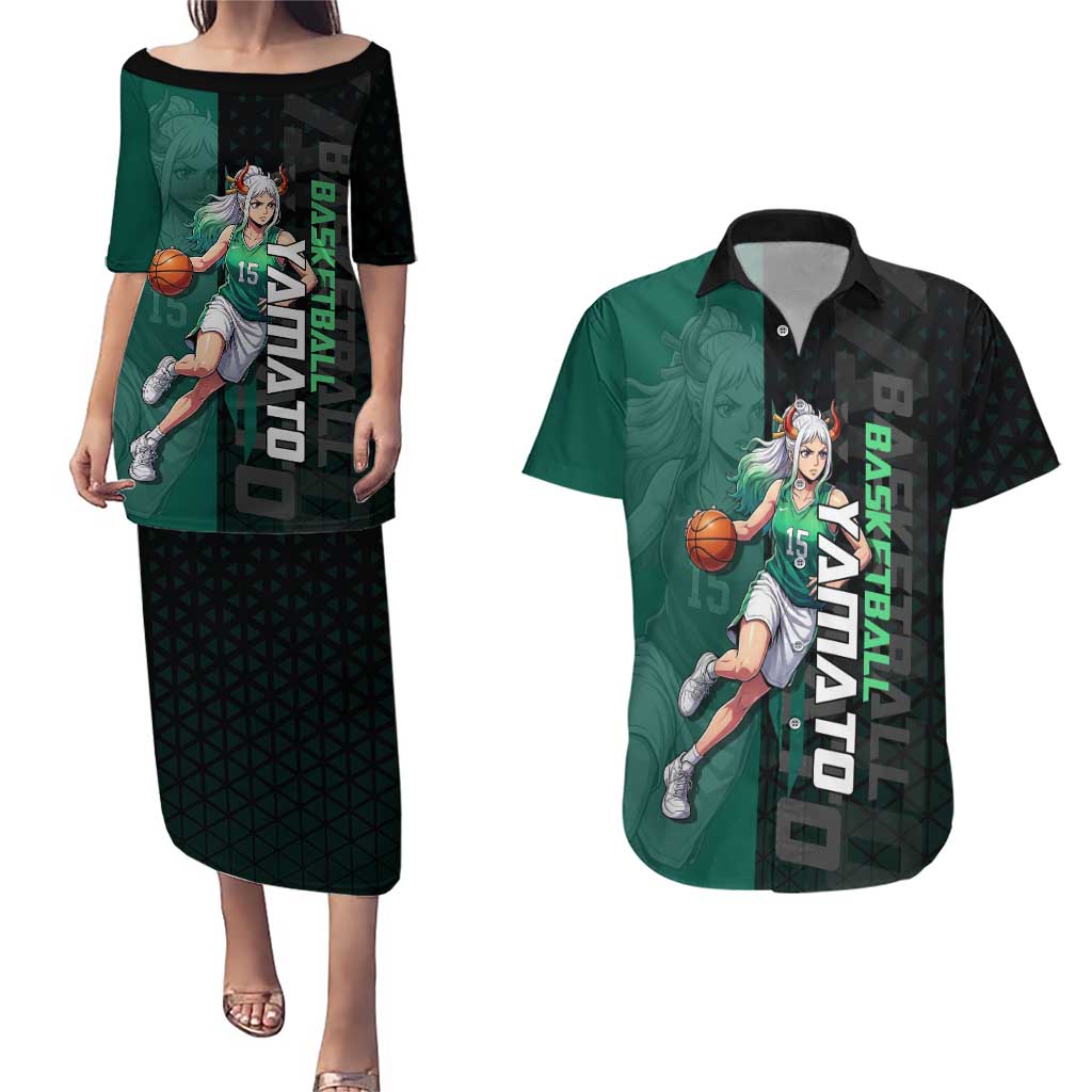 Yamato One Piece Basketball Theme Green and Black Design Couples Matching Puletasi and Hawaiian Shirt with Oni Mask Emblem and Dynamic Pose - The Mazicc