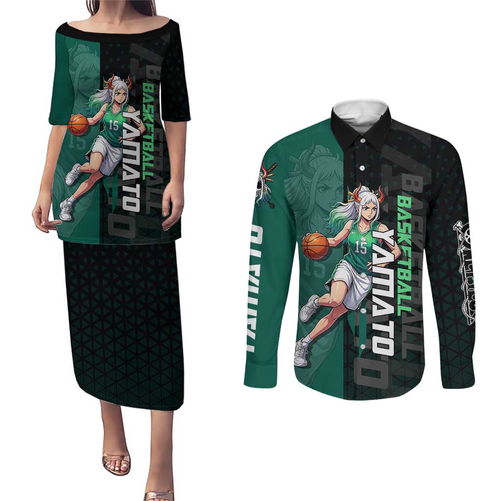 Yamato One Piece Basketball Theme Green and Black Design Couples Matching Puletasi and Long Sleeve Button Shirt with Oni Mask Emblem and Dynamic Pose - The Mazicc