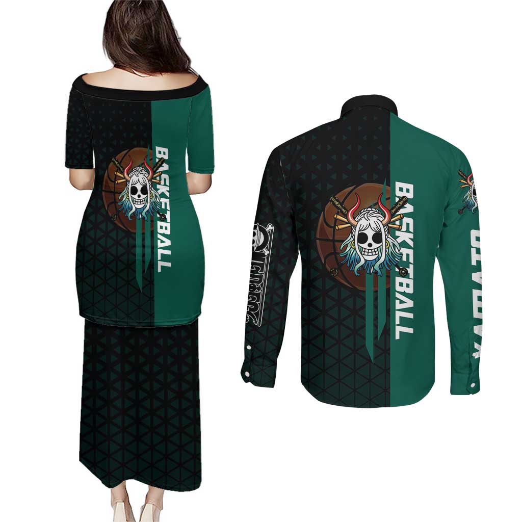 Yamato One Piece Basketball Theme Green and Black Design Couples Matching Puletasi and Long Sleeve Button Shirt with Oni Mask Emblem and Dynamic Pose - The Mazicc