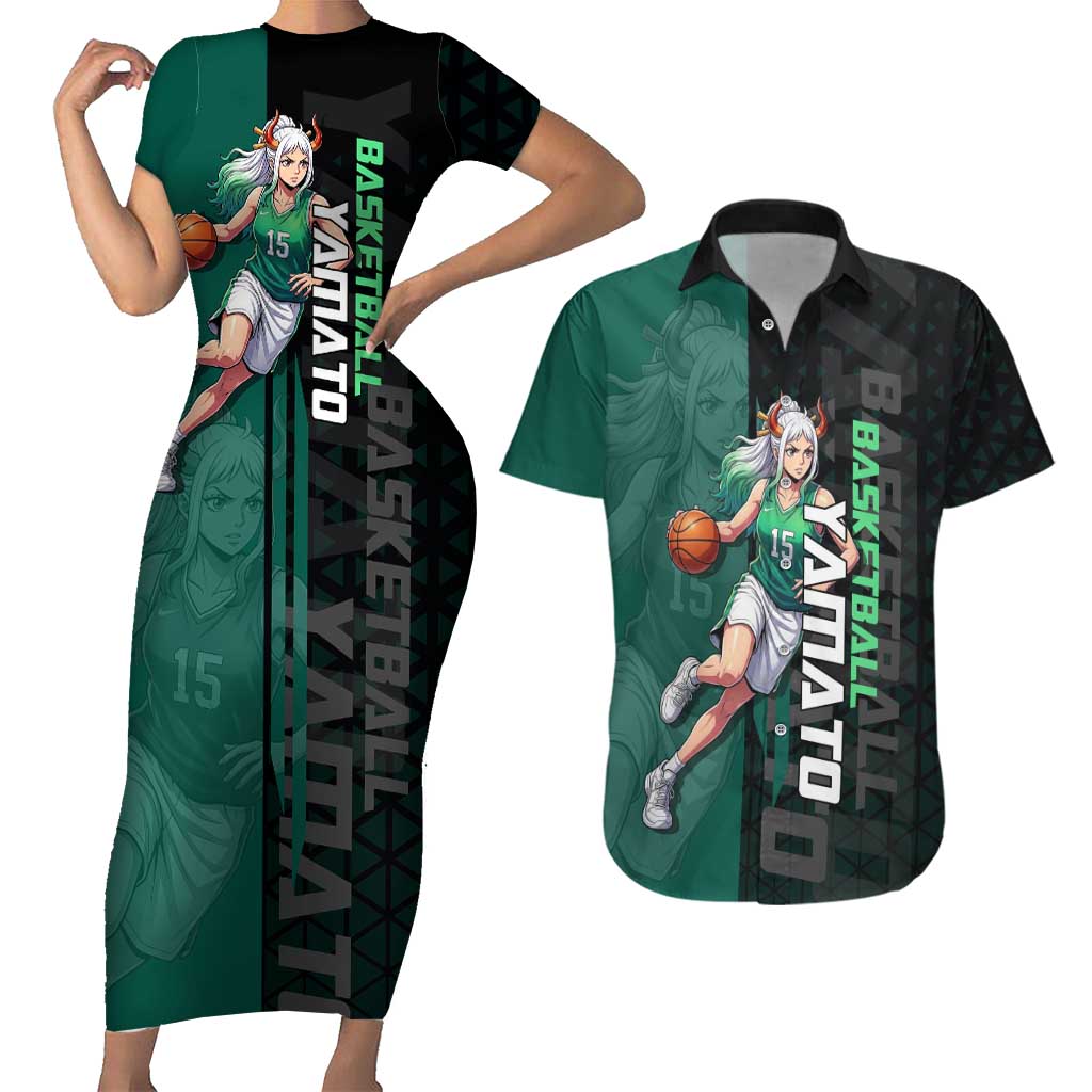 Yamato One Piece Basketball Theme Green and Black Design Couples Matching Short Sleeve Bodycon Dress and Hawaiian Shirt with Oni Mask Emblem and Dynamic Pose - The Mazicc