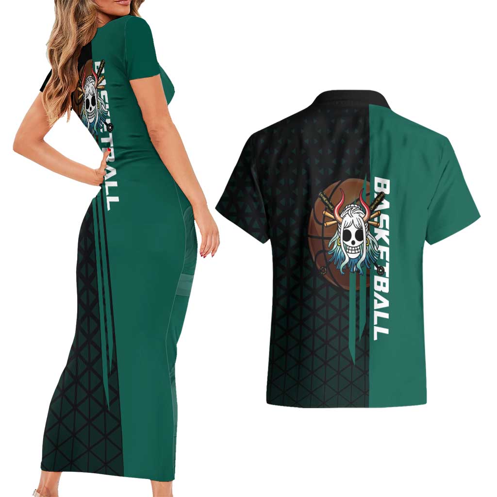 Yamato One Piece Basketball Theme Green and Black Design Couples Matching Short Sleeve Bodycon Dress and Hawaiian Shirt with Oni Mask Emblem and Dynamic Pose - The Mazicc