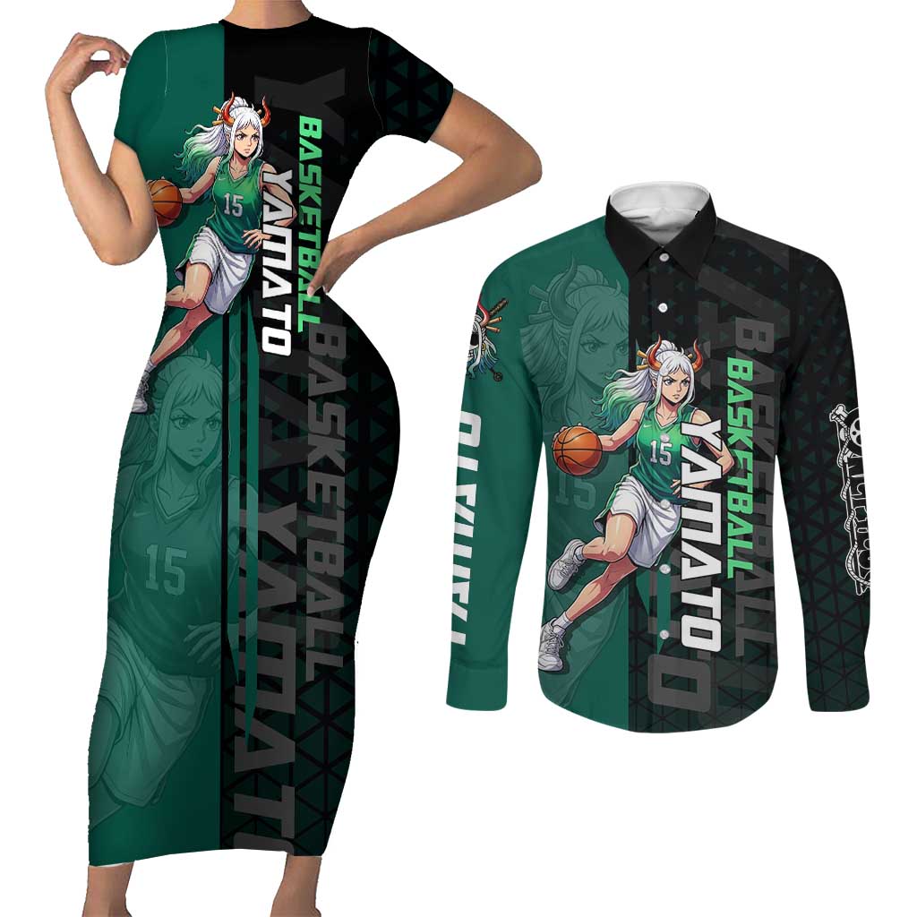 Yamato One Piece Basketball Theme Green and Black Design Couples Matching Short Sleeve Bodycon Dress and Long Sleeve Button Shirt with Oni Mask Emblem and Dynamic Pose - The Mazicc