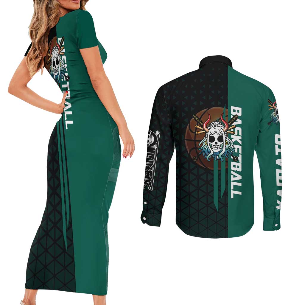 Yamato One Piece Basketball Theme Green and Black Design Couples Matching Short Sleeve Bodycon Dress and Long Sleeve Button Shirt with Oni Mask Emblem and Dynamic Pose - The Mazicc