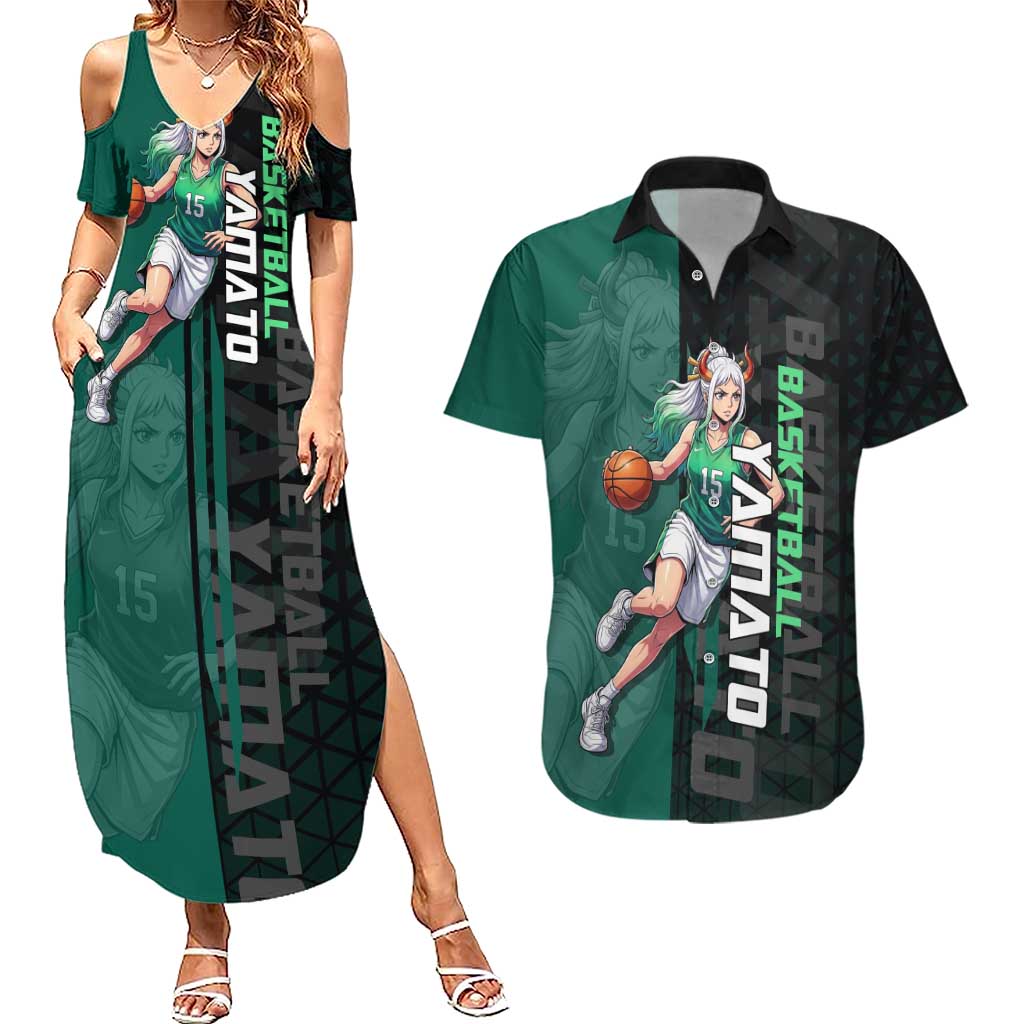 Yamato One Piece Basketball Theme Green and Black Design Couples Matching Summer Maxi Dress and Hawaiian Shirt with Oni Mask Emblem and Dynamic Pose - The Mazicc