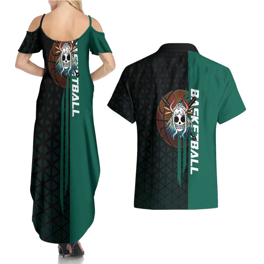 Yamato One Piece Basketball Theme Green and Black Design Couples Matching Summer Maxi Dress and Hawaiian Shirt with Oni Mask Emblem and Dynamic Pose - The Mazicc