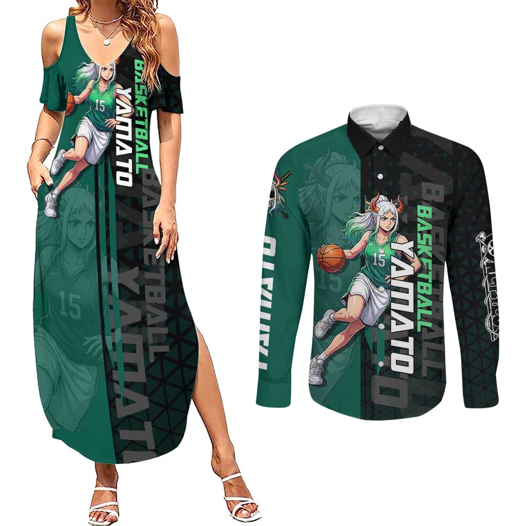 Yamato One Piece Basketball Theme Green and Black Design Couples Matching Summer Maxi Dress and Long Sleeve Button Shirt with Oni Mask Emblem and Dynamic Pose - The Mazicc