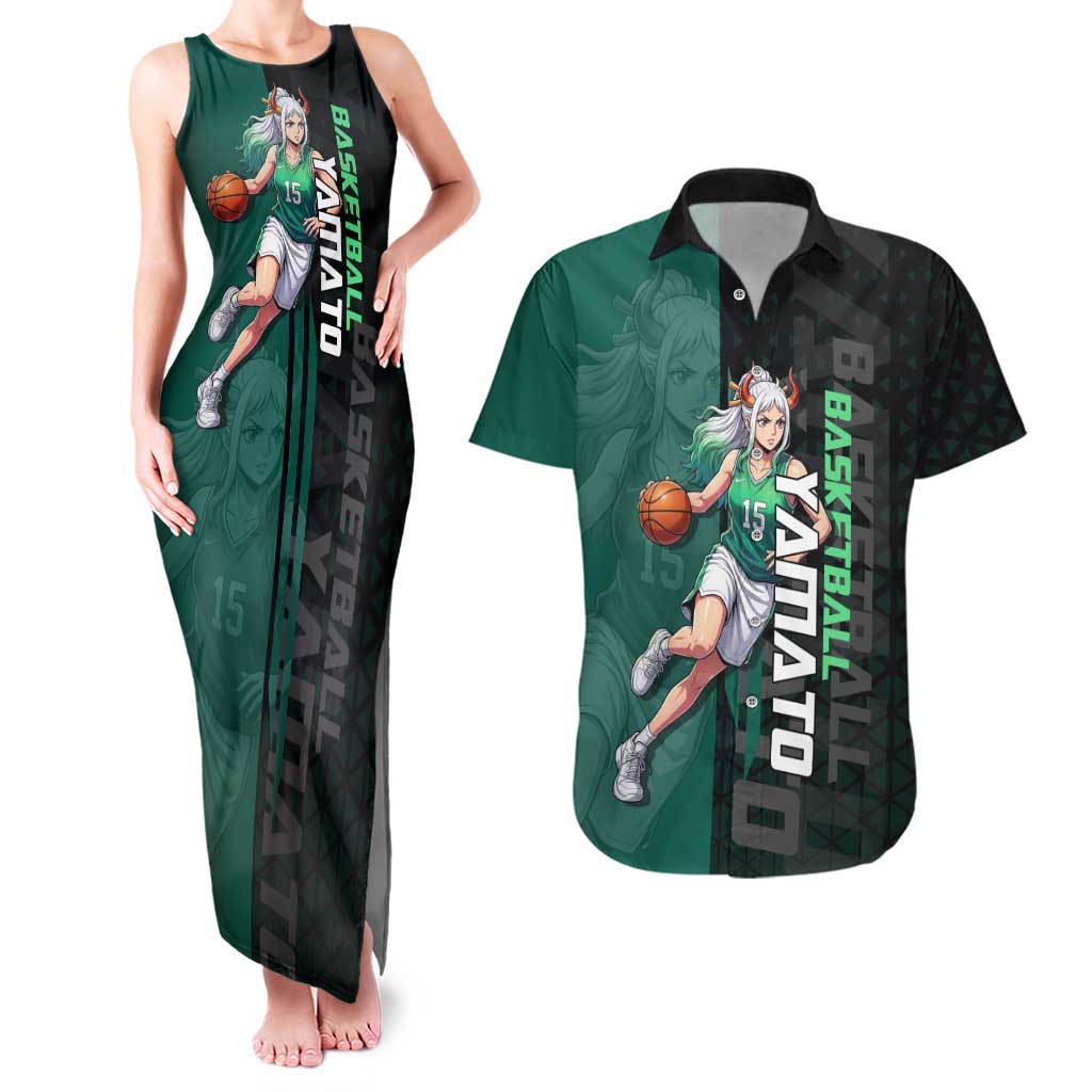 Yamato One Piece Basketball Theme Green and Black Design Couples Matching Tank Maxi Dress and Hawaiian Shirt with Oni Mask Emblem and Dynamic Pose - The Mazicc