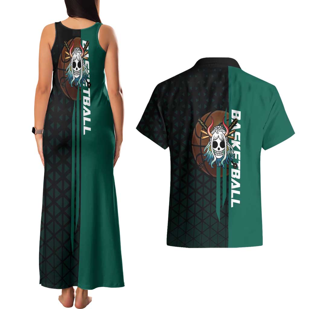 Yamato One Piece Basketball Theme Green and Black Design Couples Matching Tank Maxi Dress and Hawaiian Shirt with Oni Mask Emblem and Dynamic Pose - The Mazicc